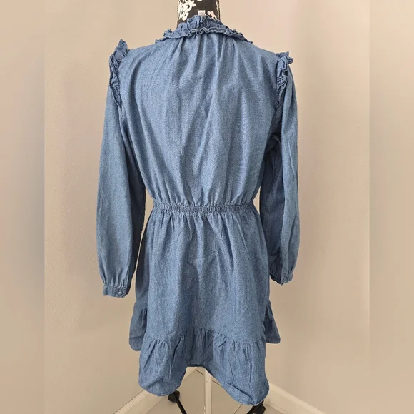 Lauren Conrad Blue Chambray Ruffled Long Sleeve Dress Size L - Picture 3 of 12